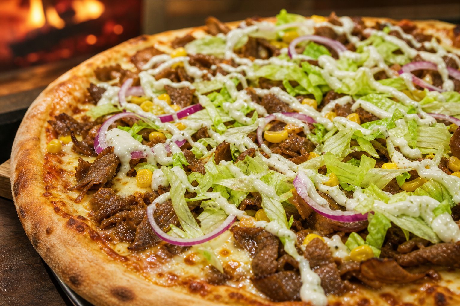 Kebabpizza med kebabkjøtt, salat, mais, rødløk og mild dressing