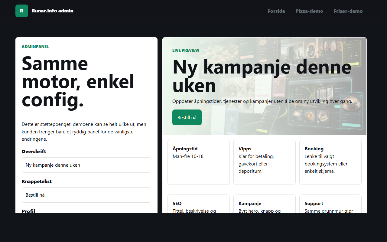 Skjermbilde av adminpanel